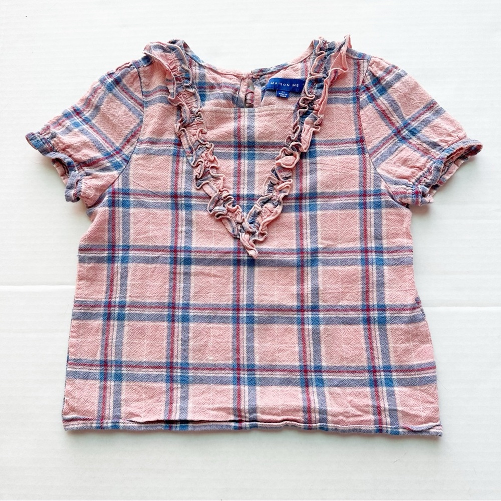 Madison Me Girls Cheesecloth Ruffled Top in Pink Plaid